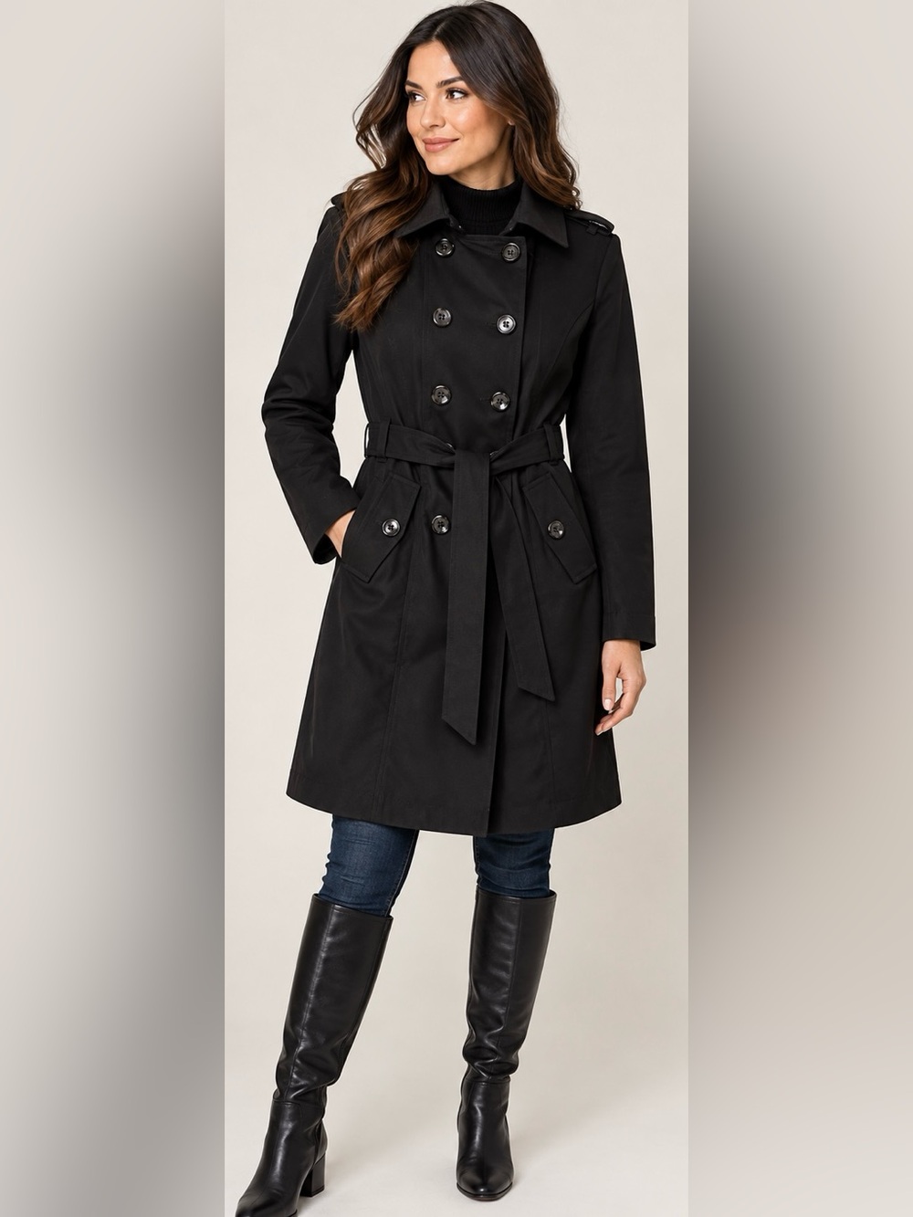 London Fog Women’s Black Double Breasted Belted Trench Coat Size M